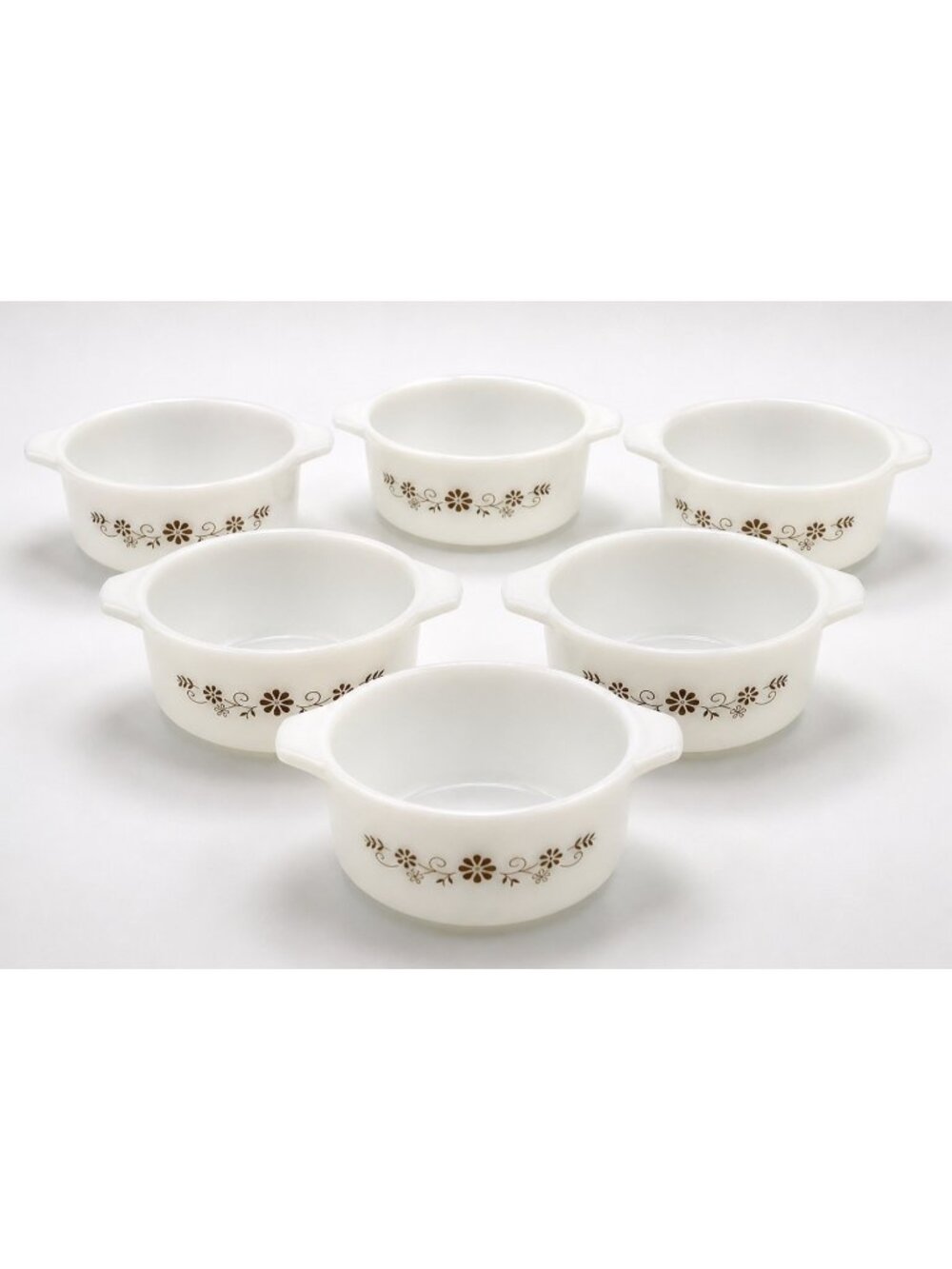 Vintage Dynaware PYR-O-REY Milk Glass White Dishes Brown Daisy Flowers 6", six